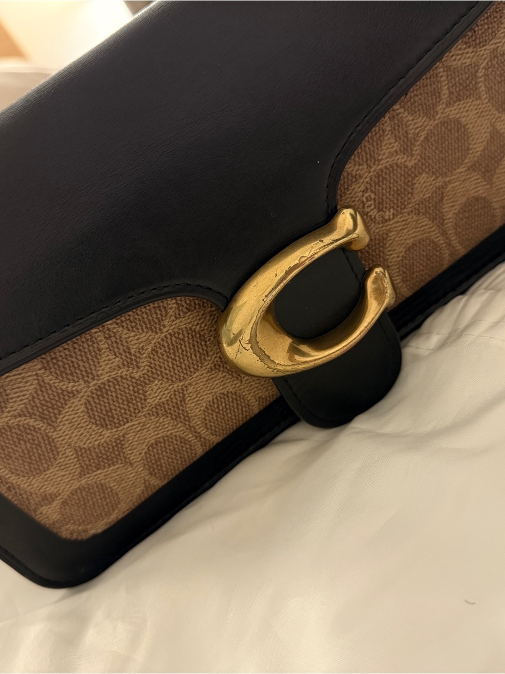 Coach Brown Signature Canvas Crossbody with Black Leather and Gold Hardware